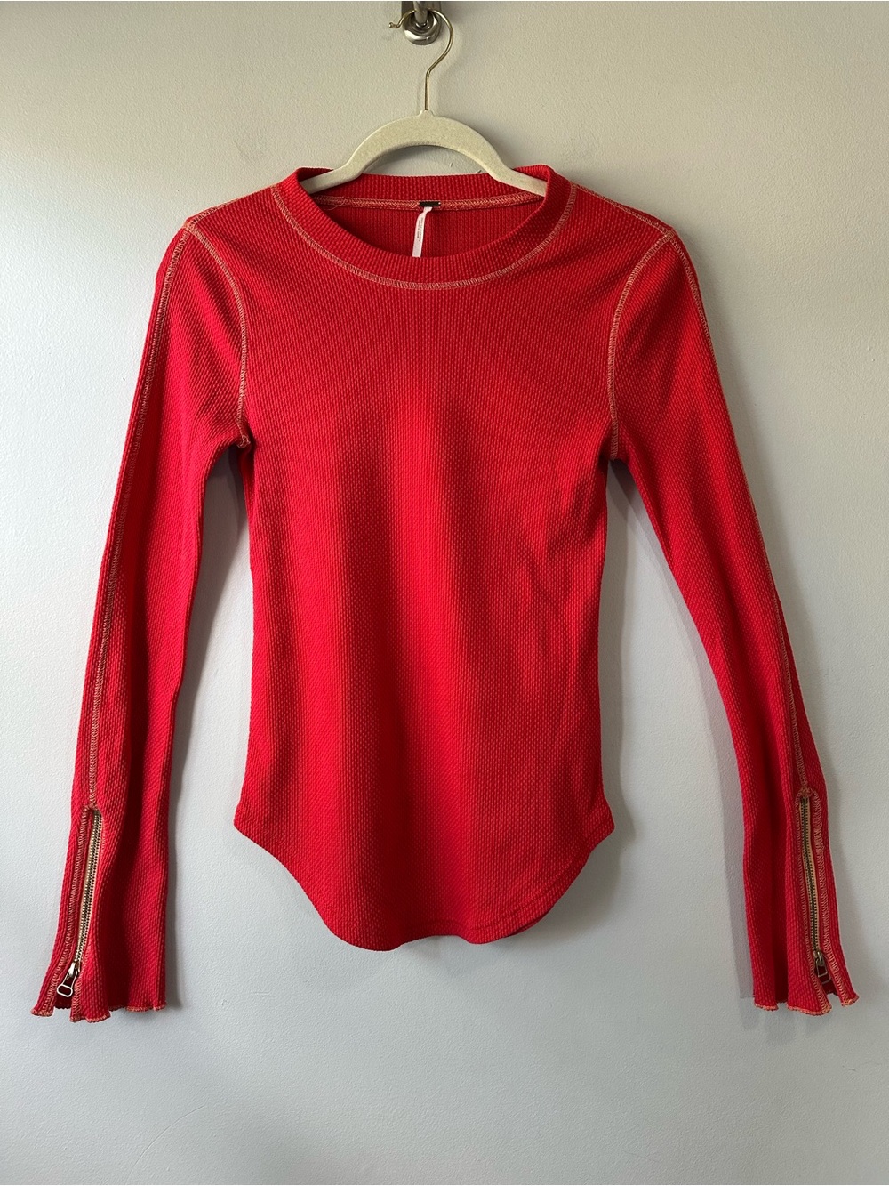 Free People Zip It Thermal Top Long Sleeve Shirt Waffle Knit Red Size S Tomato
